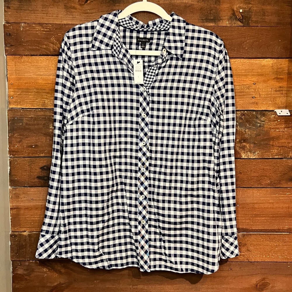 NWT Talbot’s Plaid Navy Long Sleeve Blouse 100% Cotton